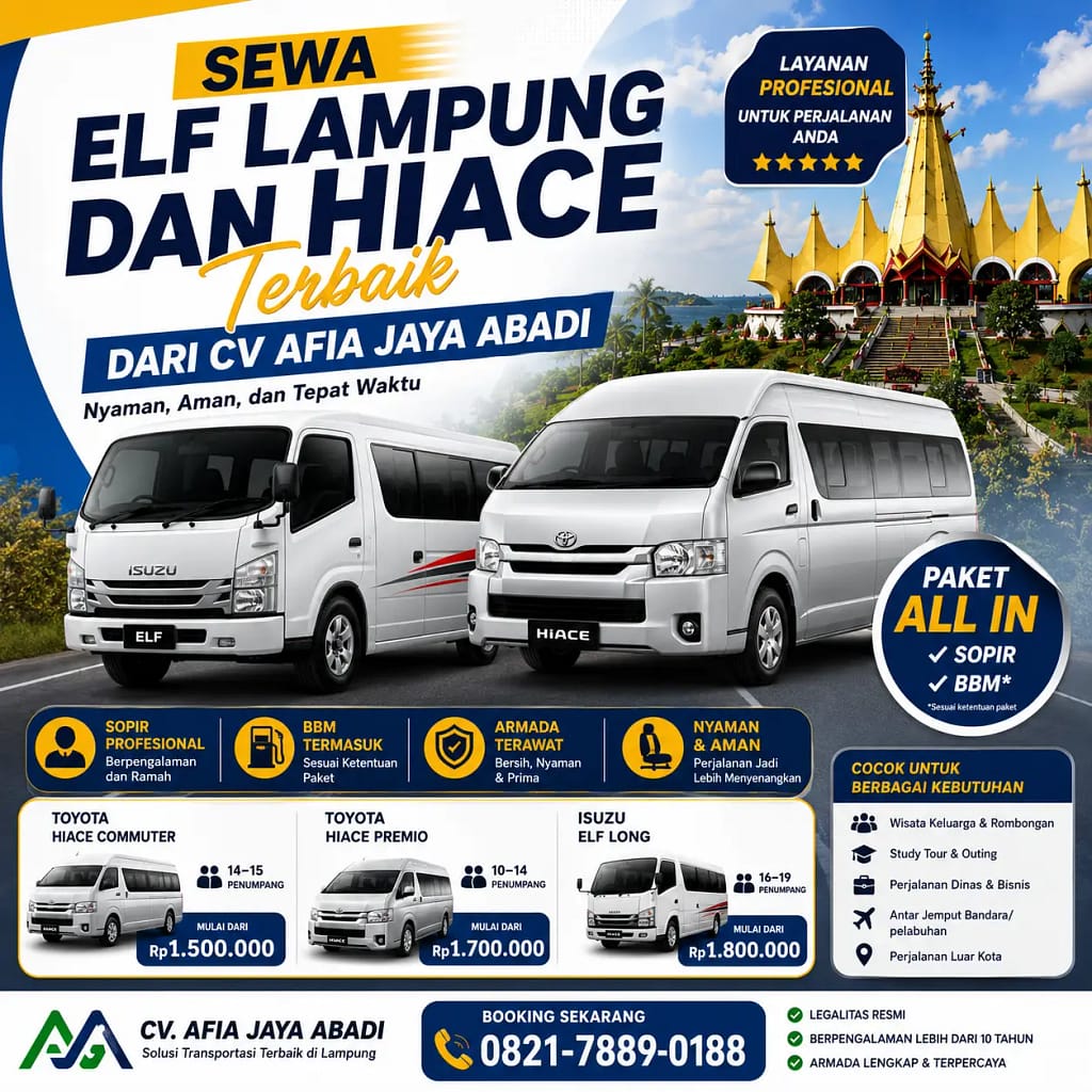 # Sewa Elf Lampung Dan Hiace Terbaik Dari CV Afia Jaya Abadi Merencanakan perjalanan bersama keluarga besar, rombongan wisata, komunitas, maupun perusahaan tentu membutuhkan kendaraan yang nyaman dan berkapasitas besar. Dibandingkan menggunakan beberapa mobil kecil, memilih layanan **Sewa Elf Lampung dan Hiace** menjadi solusi yang lebih praktis, hemat, sekaligus membuat seluruh rombongan dapat menikmati perjalanan bersama dalam satu kendaraan. CV Afia Jaya Abadi melalui **RentalMobilLampungKu.com** hadir sebagai penyedia jasa transportasi terpercaya yang telah melayani masyarakat Lampung selama lebih dari 10 tahun. Dengan armada yang selalu terawat serta didukung pengemudi profesional, setiap perjalanan dirancang agar lebih aman, nyaman, dan tepat waktu. ## Kenapa Memilih Hiace dan Elf? Toyota Hiace dan Isuzu Elf merupakan kendaraan yang dirancang untuk kebutuhan perjalanan rombongan. Kabin yang luas, AC yang dingin, serta ruang bagasi yang memadai membuat perjalanan jarak dekat maupun luar kota terasa lebih nyaman. Kedua armada ini sangat cocok digunakan untuk berbagai kebutuhan seperti wisata keluarga, study tour, perjalanan dinas, ziarah, gathering perusahaan, hingga antar jemput tamu dari bandara atau pelabuhan. ### Keunggulan Sewa Hiace dan Elf | Keunggulan | Keterangan | | -------------------- | ---------------------------------------------------- | | Kapasitas Besar | Cocok untuk rombongan 14–19 penumpang | | Kabin Nyaman | AC dingin dan kursi ergonomis | | Sopir Profesional | Berpengalaman dan menguasai rute | | Armada Terawat | Servis berkala dan selalu bersih | | Siap Perjalanan Jauh | Dalam kota maupun luar provinsi | | Paket Lengkap | Tersedia paket dengan sopir dan BBM sesuai ketentuan | ## Pilihan Armada CV Afia Jaya Abadi menyediakan beberapa pilihan kendaraan sesuai kebutuhan perjalanan rombongan. ### Toyota Hiace Commuter Toyota Hiace Commuter menjadi pilihan favorit untuk perjalanan wisata maupun dinas. Kendaraan ini mampu mengangkut hingga 15 penumpang dengan ruang kabin yang lega sehingga perjalanan terasa lebih nyaman. ### Toyota Hiace Premio Bagi pelanggan yang mengutamakan kenyamanan lebih, Toyota Hiace Premio menawarkan desain interior yang lebih modern dengan suspensi yang nyaman untuk perjalanan jarak jauh. ### Isuzu Elf Long Isuzu Elf Long sangat cocok digunakan oleh rombongan yang membutuhkan kapasitas lebih besar. Kendaraan ini banyak digunakan untuk study tour, wisata, kegiatan perusahaan, maupun perjalanan komunitas. ## Estimasi Harga Sewa Berikut kisaran tarif sewa armada rombongan di Lampung. | Armada | Kapasitas | Mulai Dari* | | --------------------- | --------------: | ----------: | | Toyota Hiace Commuter | 14–15 Penumpang | Rp1.500.000 | | Toyota Hiace Premio | 10–14 Penumpang | Rp1.700.000 | | Isuzu Elf Long | 16–19 Penumpang | Rp1.800.000 | *Harga dapat berubah sesuai tujuan perjalanan, durasi sewa, serta fasilitas yang dipilih. ## Cocok Untuk Berbagai Kebutuhan Armada Hiace dan Elf dapat digunakan untuk berbagai jenis perjalanan, antara lain: * Wisata keluarga di Lampung. * Tour ke Pulau Pahawang. * Perjalanan menuju Way Kambas. * Wisata Teluk Kiluan. * Liburan ke Kalianda dan Bakauheni. * Study tour sekolah. * Gathering perusahaan. * Perjalanan dinas instansi. * Antar jemput Bandara Radin Inten II. * Antar jemput Pelabuhan Bakauheni. * Perjalanan luar kota menuju Palembang, Jakarta, Bengkulu, maupun Jambi. Dengan kapasitas yang besar, biaya perjalanan per orang juga menjadi lebih ekonomis dibandingkan menggunakan beberapa kendaraan kecil. ## Mengapa Memilih CV Afia Jaya Abadi? Pengalaman menjadi salah satu faktor penting dalam memilih jasa transportasi. CV Afia Jaya Abadi telah melayani ribuan pelanggan dari berbagai kalangan dengan mengutamakan pelayanan yang ramah, armada yang selalu prima, dan ketepatan waktu. Beberapa alasan pelanggan memilih layanan ini antara lain: * Berpengalaman lebih dari 10 tahun. * Armada lengkap dan rutin diservis. * Pengemudi profesional serta ramah. * Proses booking cepat. * Melayani perjalanan dalam dan luar Provinsi Lampung. * Tersedia paket perjalanan yang fleksibel sesuai kebutuhan pelanggan. ## Tips Memesan Hiace atau Elf Agar perjalanan berjalan lancar, lakukan reservasi beberapa hari sebelum keberangkatan, terutama saat musim liburan atau akhir pekan. Pastikan jumlah peserta telah diketahui sehingga pemilihan armada sesuai dengan kapasitas yang dibutuhkan. Diskusikan juga rute perjalanan, durasi penggunaan, serta fasilitas yang diinginkan agar pihak rental dapat memberikan penawaran terbaik sesuai kebutuhan. ## FAQ **Berapa kapasitas Toyota Hiace?** Toyota Hiace Commuter umumnya dapat mengangkut hingga 15 penumpang dengan nyaman. **Apakah tersedia Isuzu Elf Long?** Ya. Tersedia armada Isuzu Elf Long dengan kapasitas hingga sekitar 19 penumpang. **Apakah harga sudah termasuk sopir?** Tersedia paket yang sudah termasuk sopir profesional. Detail fasilitas dapat disesuaikan saat pemesanan. **Apakah bisa digunakan untuk perjalanan luar kota?** Bisa. Armada melayani perjalanan di seluruh wilayah Lampung maupun ke luar provinsi sesuai kebutuhan pelanggan. **Bagaimana cara melakukan reservasi?** Pemesanan dapat dilakukan melalui WhatsApp dengan menentukan tanggal penggunaan, jumlah peserta, tujuan perjalanan, serta jenis armada yang diinginkan. ## Penutup Sewa Elf Lampung dan Hiace dari CV Afia Jaya Abadi menjadi pilihan tepat bagi Anda yang membutuhkan kendaraan rombongan dengan pelayanan profesional. Armada yang bersih, pengemudi berpengalaman, serta pilihan paket yang fleksibel membuat setiap perjalanan terasa lebih aman dan nyaman. Baik untuk wisata, perjalanan dinas, acara keluarga, maupun kebutuhan perusahaan, memilih kendaraan yang tepat akan membuat perjalanan lebih efisien. Lakukan reservasi lebih awal agar armada pilihan Anda tersedia, terutama pada musim liburan dan akhir pekan.